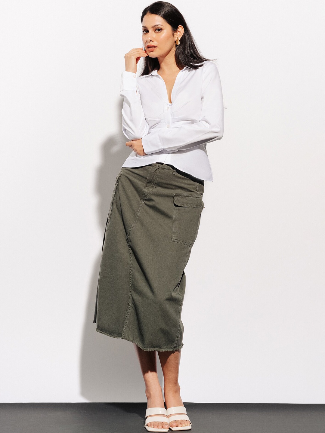 

FREAKINS Pure Cotton A-Line Cargo Skirt, Green