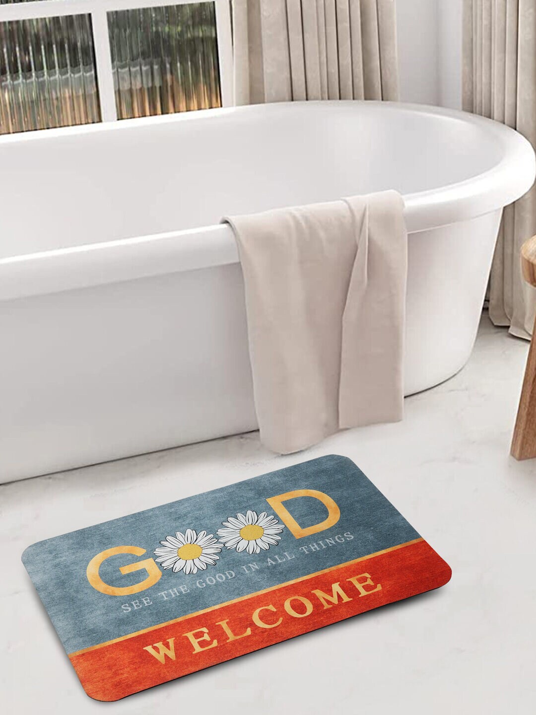 

FABINALIV Grey & Red Welcome Printed Rubber 1450 GSM Bath Mat