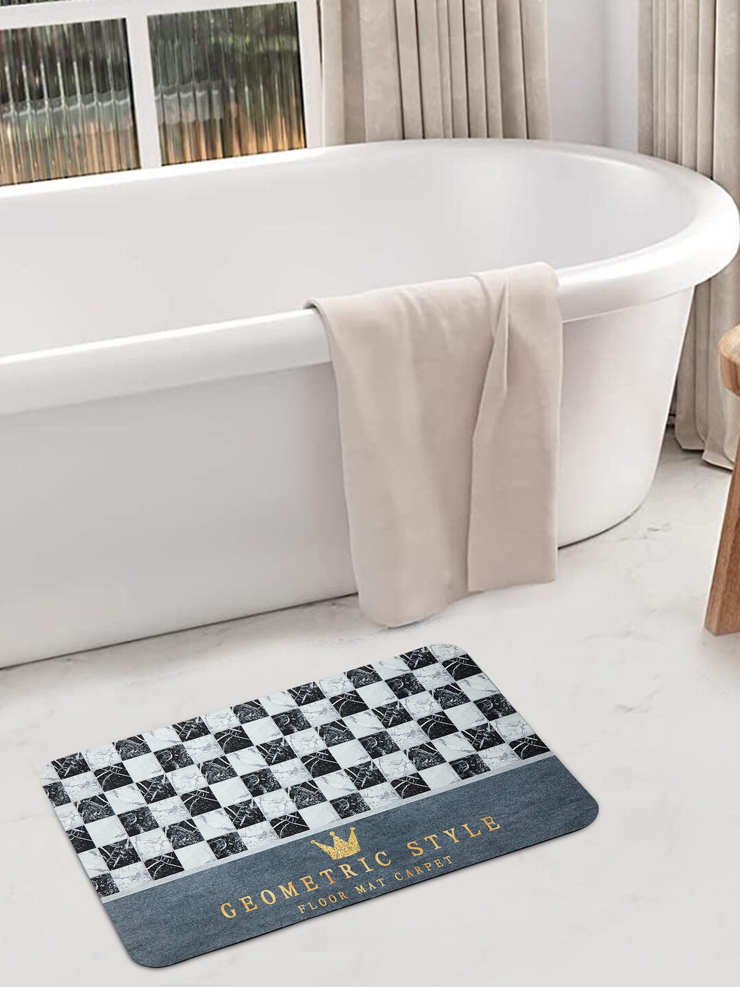 

FABINALIV Grey & Blue Geometric Printed Rubber Bath Mat, White