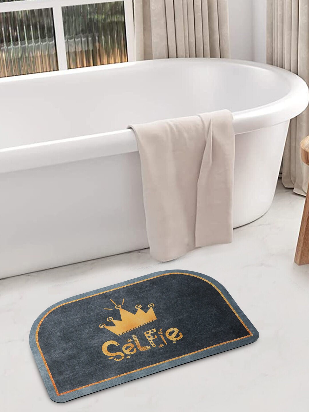 FABINALIV Grey & Yellow Printed Rubber Bath Mat