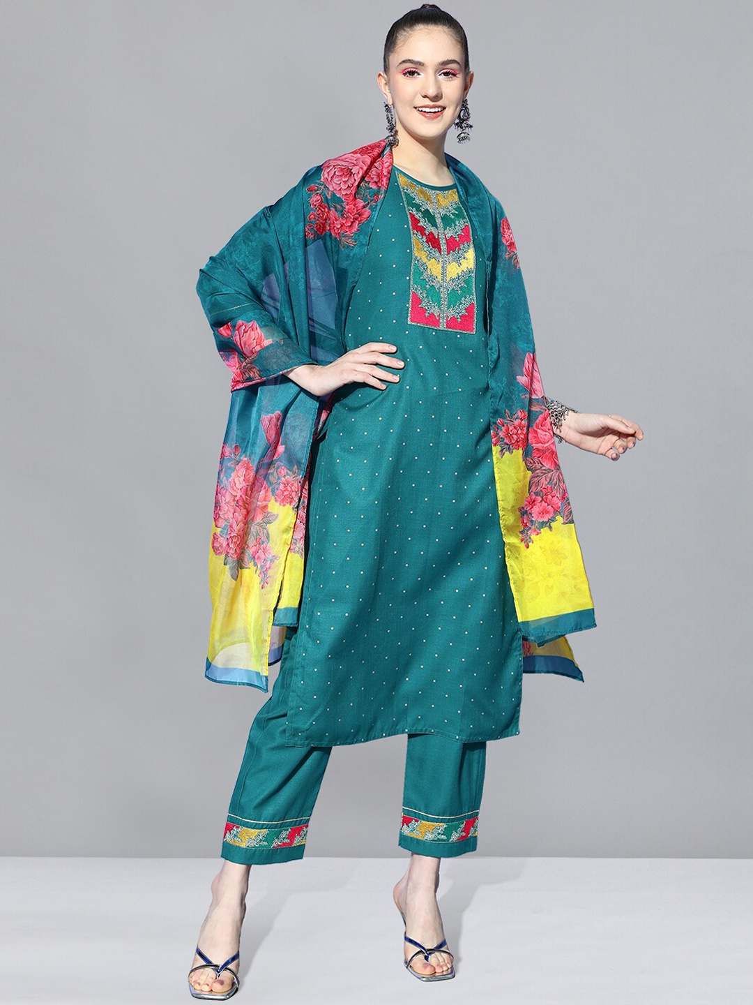 

SheWill Floral Embroidered Regular Gotta Patti Kurta With Trousers & Dupatta, Teal