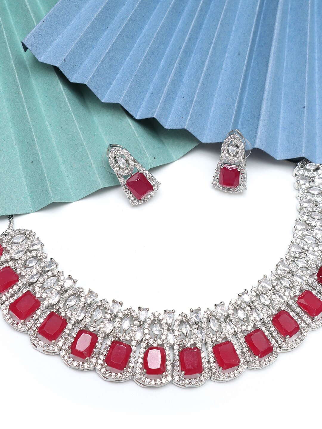 

Ozanoo Silver-Plated CZ-Studded Jewellery Set, Red