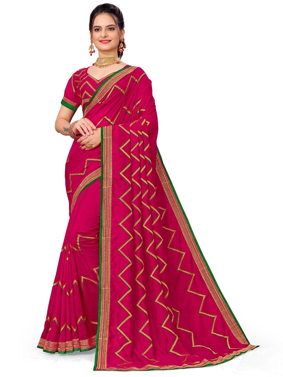 

Vaidehi Fashion Embroidered Silk Blend Leheriya Saree, Pink