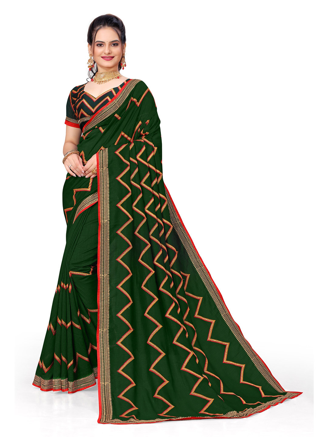 

Vaidehi Fashion Embroidered Silk Blend Leheriya Saree, Green