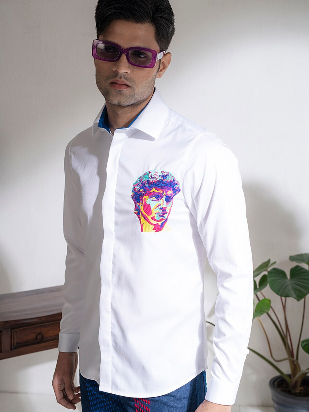 

ABKASA Sharp Slim Fit Graphic Printed Cotton Casual Shirt, White