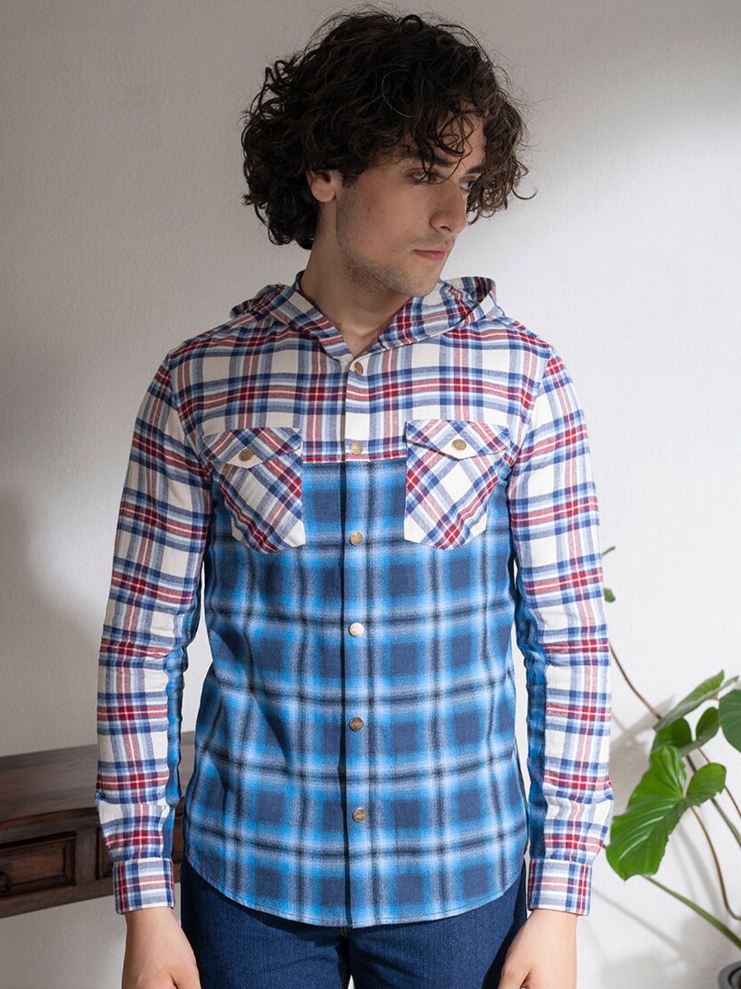 

ABKASA Sharp Slim Fit Tartan Checked Hooded Cotton Casual Shirt, Blue
