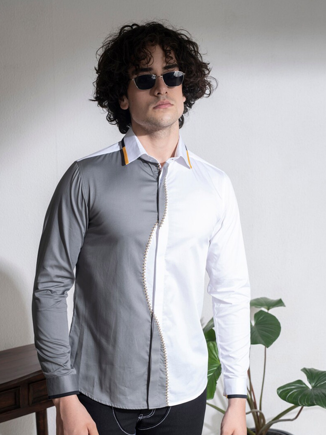 

ABKASA Sharp Slim Fit Colourblocked Cotton Casual Shirt, White