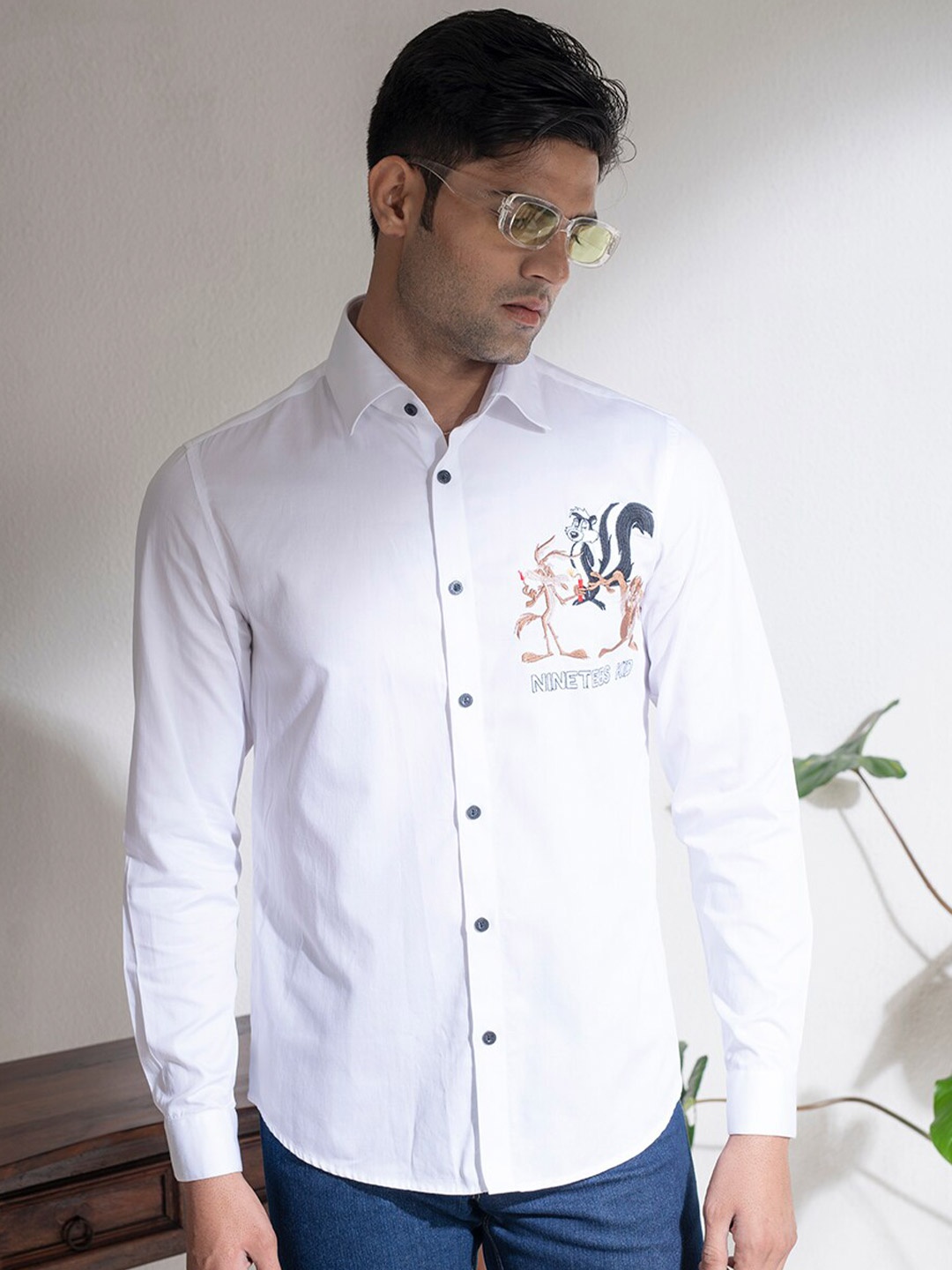 

ABKASA Sharp Slim Fit Embroidered Cotton Casual Shirt, White