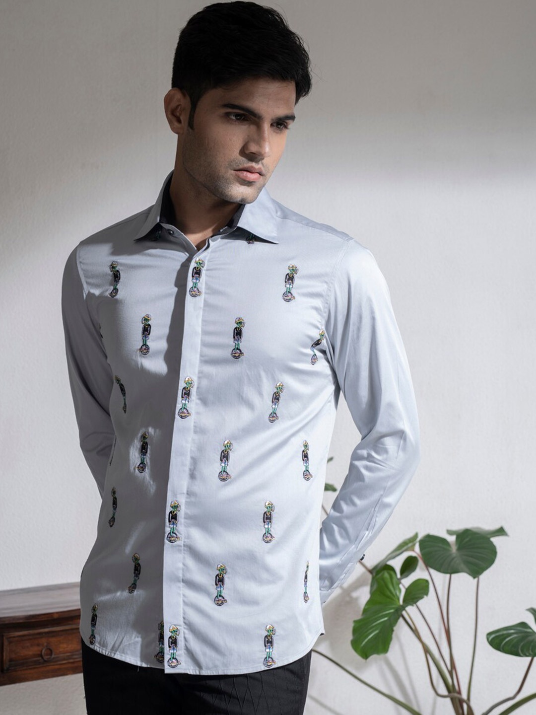 

ABKASA Sharp Slim Fit Graphic Printed Cotton Casual Shirt, Grey