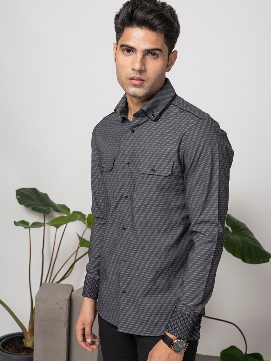 

ABKASA Sharp Slim Fit Micro Ditsy Printed Cotton Casual Shirt, Charcoal