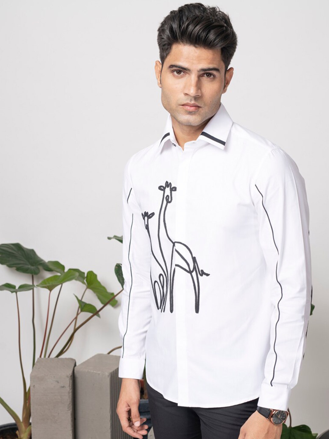 

ABKASA Sharp Slim Fit Embroidered Cotton Casual Shirt, White