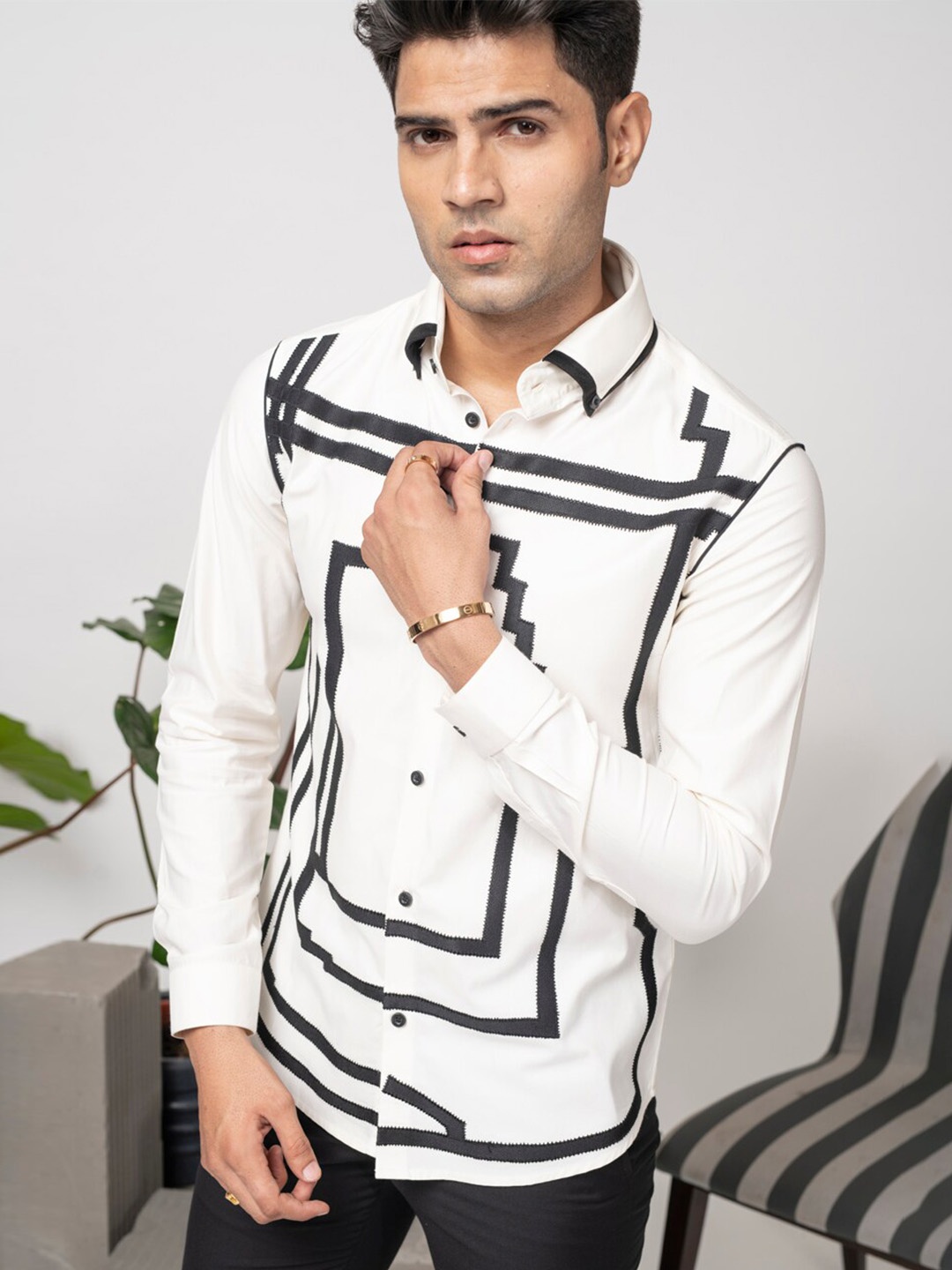 

ABKASA Sharp Slim Fit Floral Printed Casual Shirt, Cream