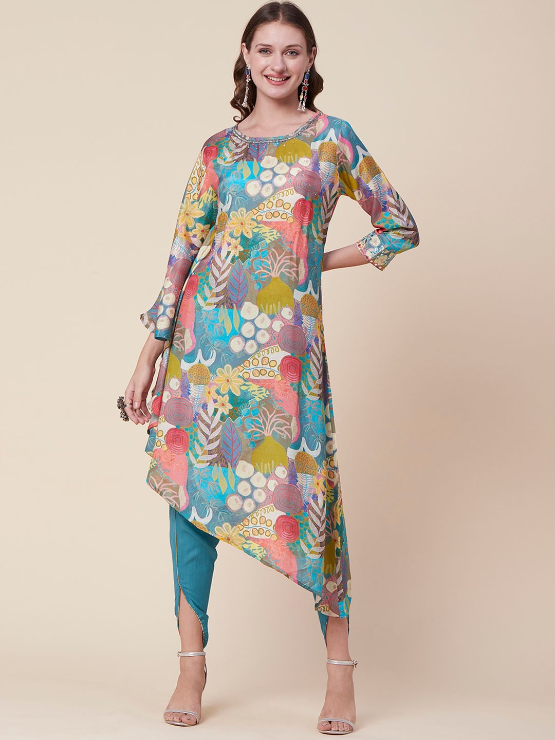

FASHOR Blue Floral Printed Kaftan Kurta with Dhoti Pants