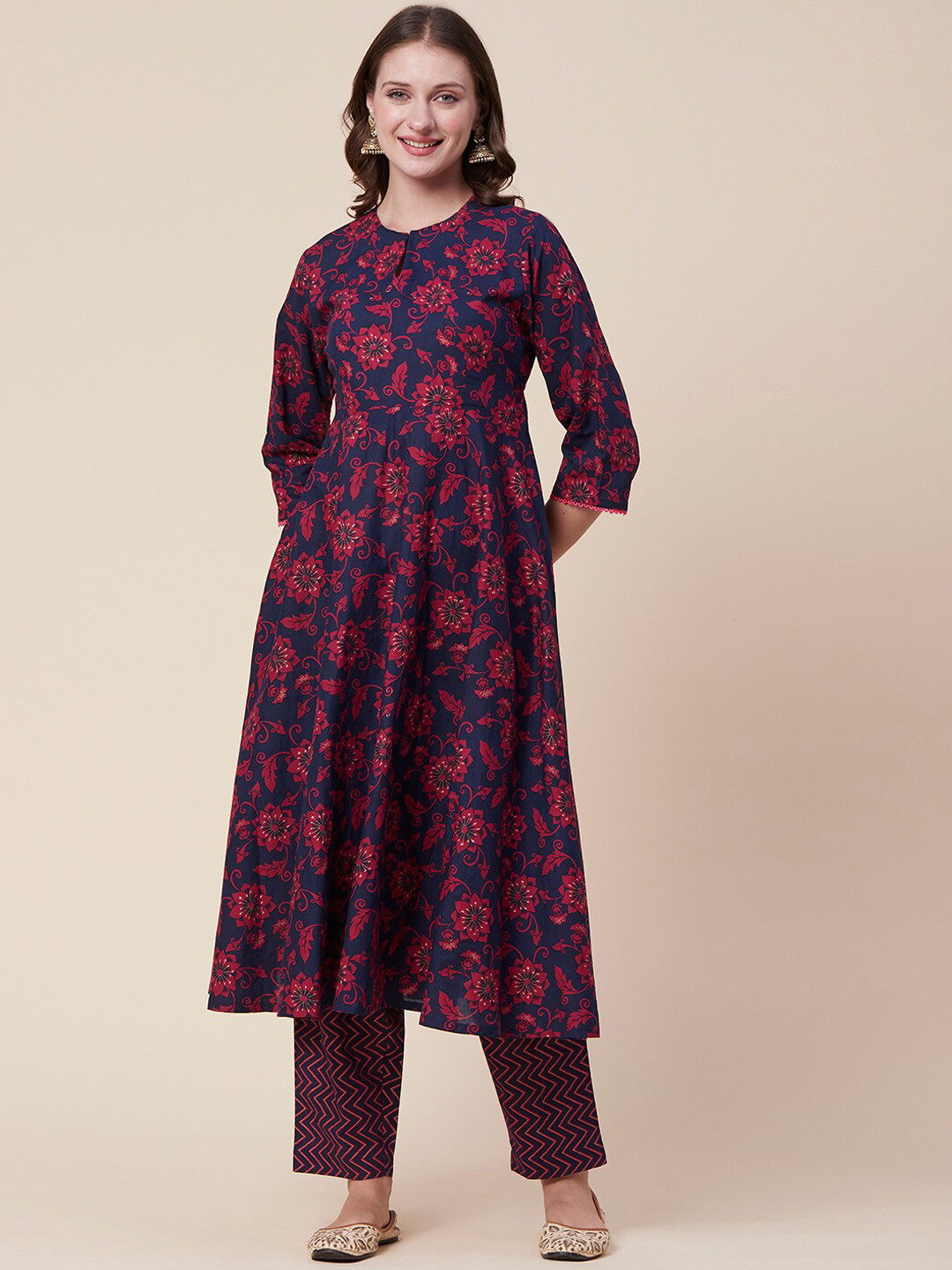 

FASHOR Navy Blue Floral Printed Pure Cotton Anarkali Kurta with Trousers