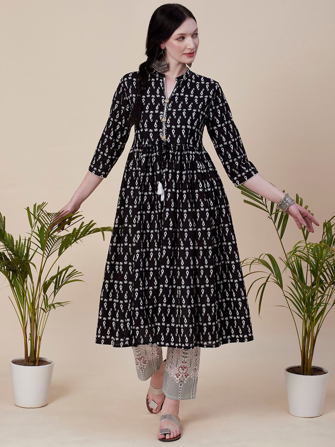 

FASHOR Black Ethnic Motif Printed Pleated Pure Cotton Kurta with Trousers