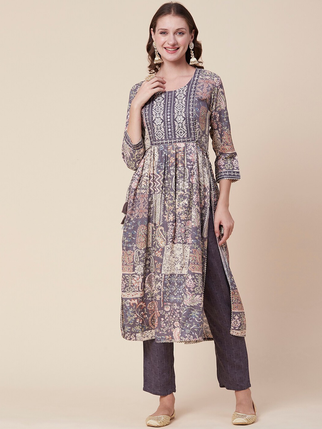 

FASHOR Paisley Printed Pleated Mirror Work Kurta with Trousers, Grey