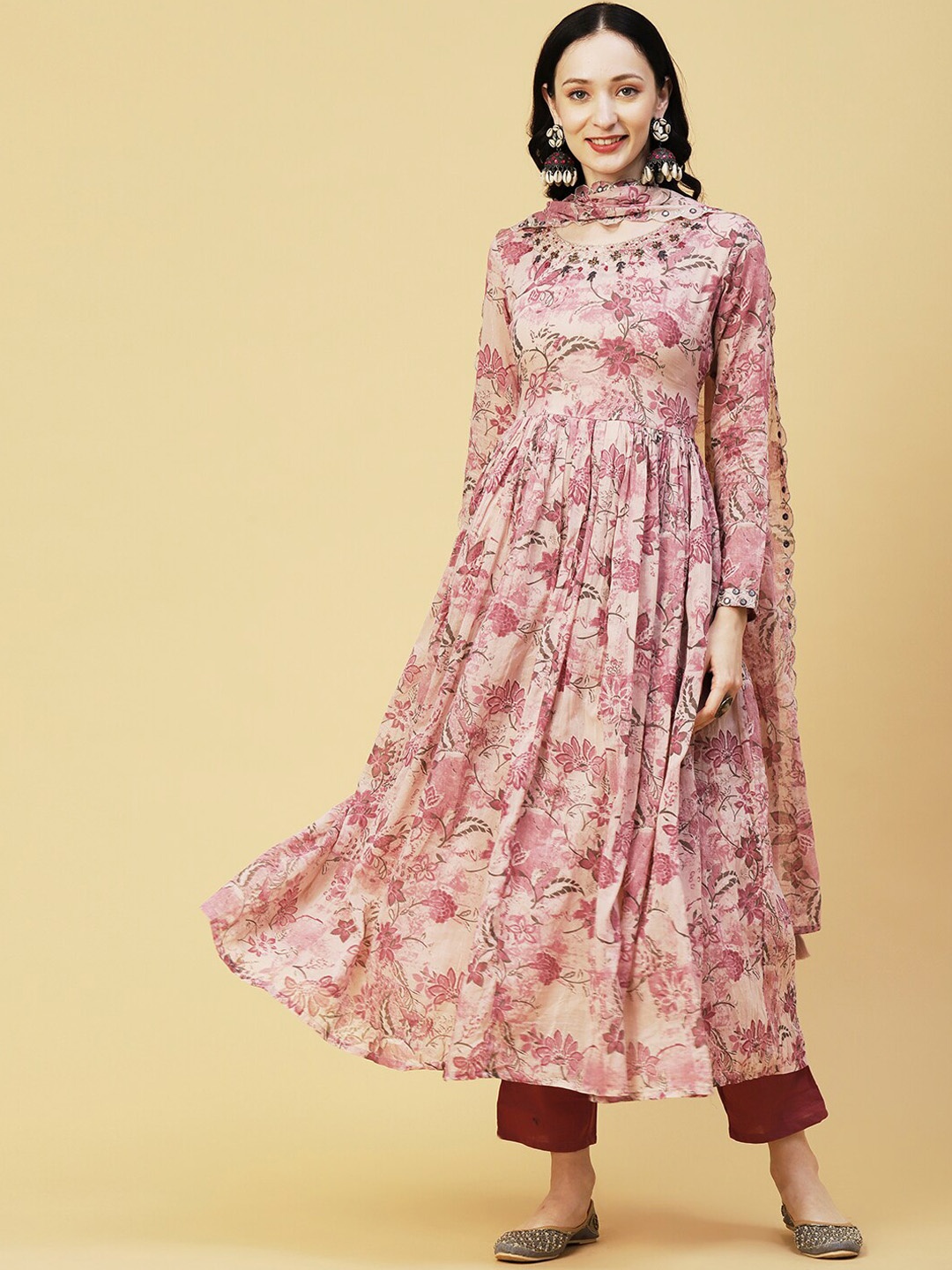 

FASHOR Rose Floral Printed Mirror Work Pure Cotton Kurta with Trousers & With Dupatta
