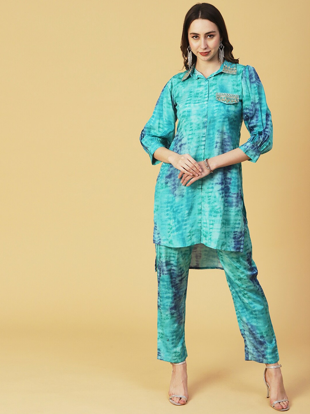 

FASHOR Sea Green Tie & Dye Panelled Zardozi Kurta with Trousers