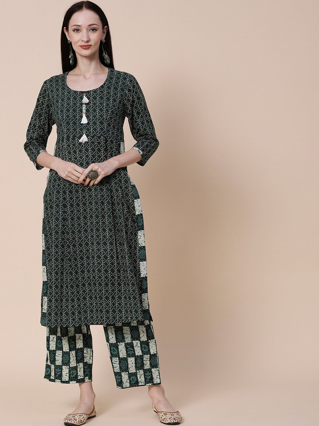 

FASHOR Green Ethnic Motifs Printed Pure Cotton Kurta with Palazzos