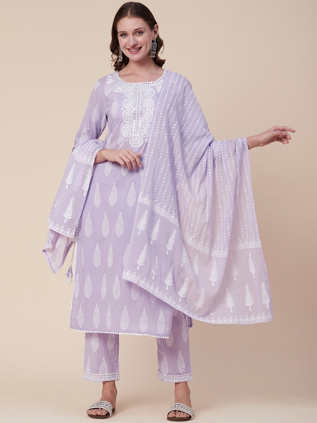 

FASHOR Purple Ethnic Motifs Printed Mirror Work Pure Cotton Kurta & Trousers With Dupatta