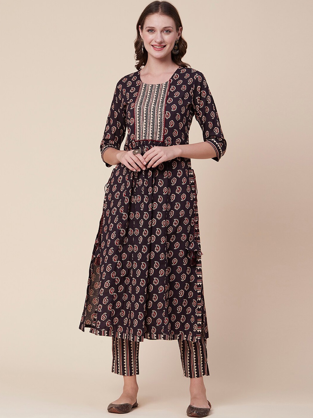 

FASHOR Coffee Brown Ethnic Motifs Printed Pleated Pure Cotton Kurta with Trousers
