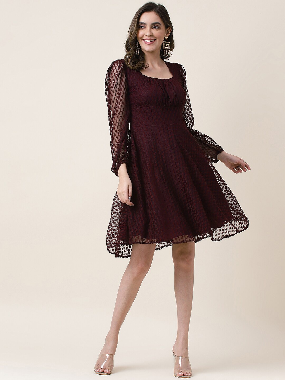 

Selvia Self Designed Square Neck Puff Sleeves Fit & Flare Dress, Maroon