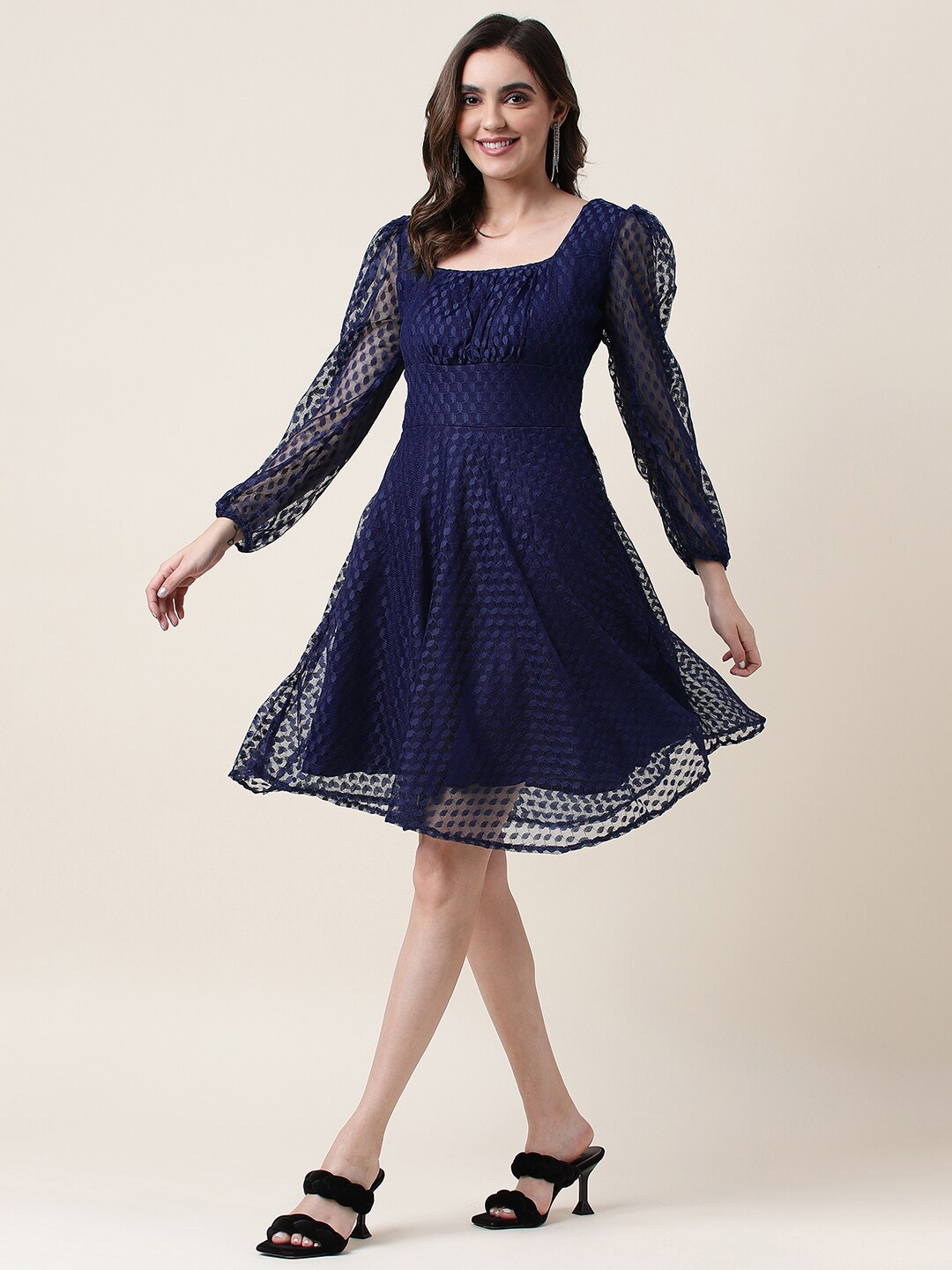 

Selvia Self Designed Square Neck Puff Sleeves Fit & Flare Dress, Teal