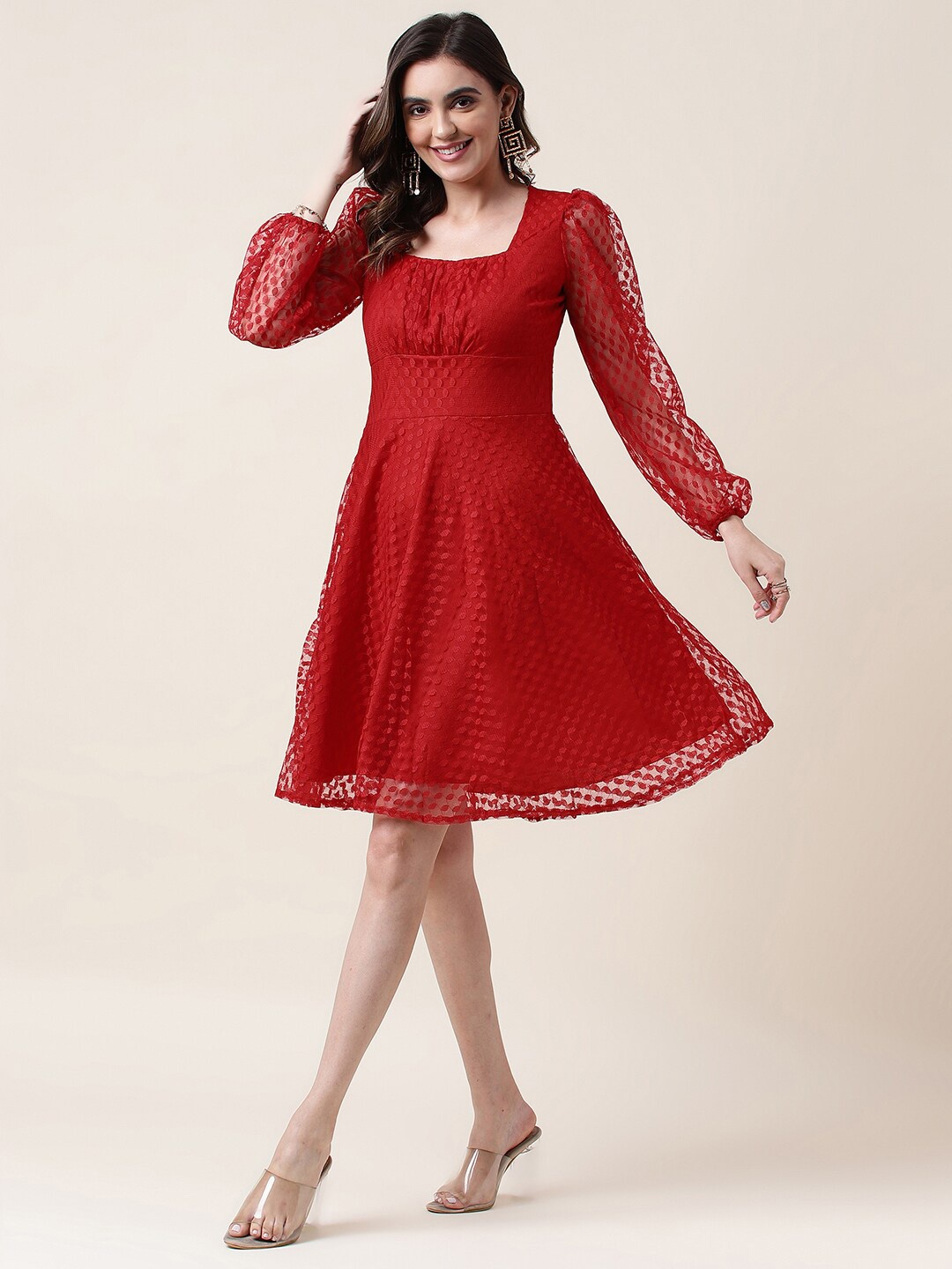 

Selvia Self Designed Square Neck Puff Sleeves Fit & Flare Dress, Red
