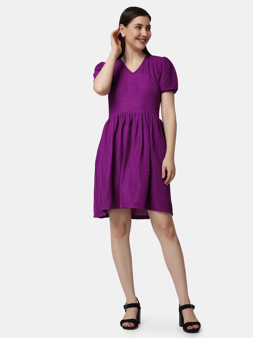 

Popwings V-Neck Puff Sleeves Fit & Flare Dress, Purple