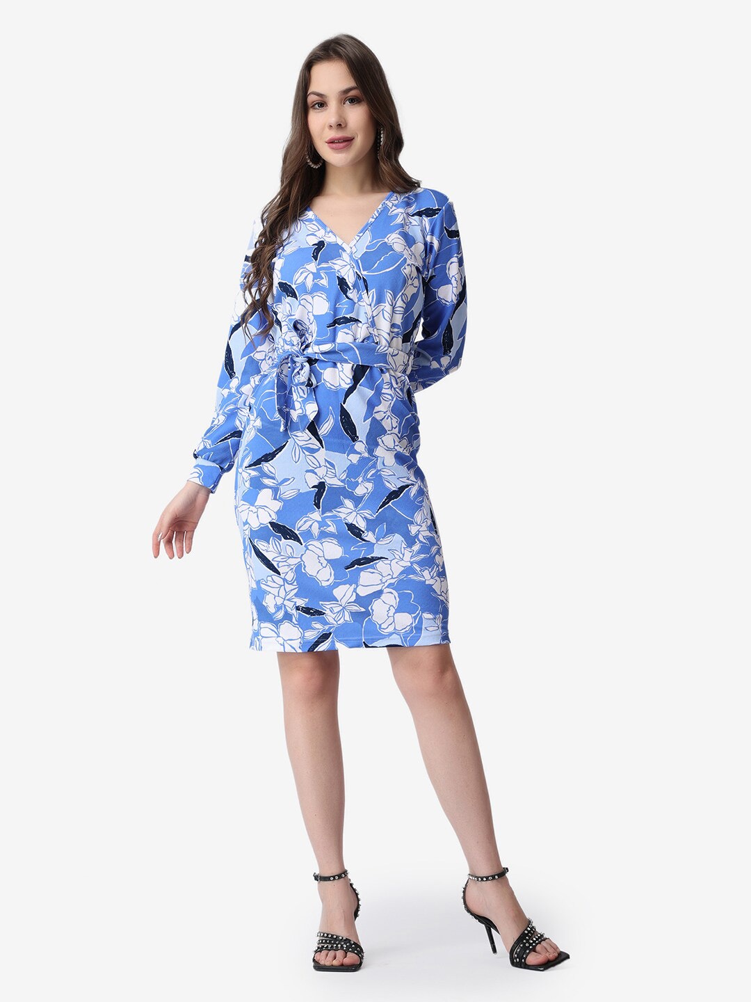 

Popwings Floral Printed V-Neck Cuffed Sleeves Sheath Dress, Blue