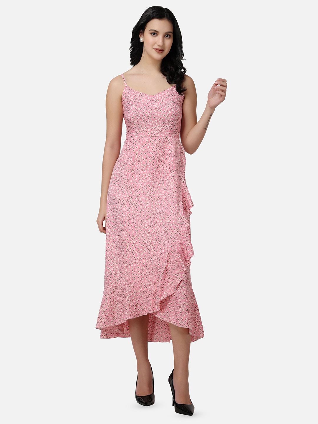 

Popwings Floral Printed Ruffles Detailed A-Line Midi Dress, Pink