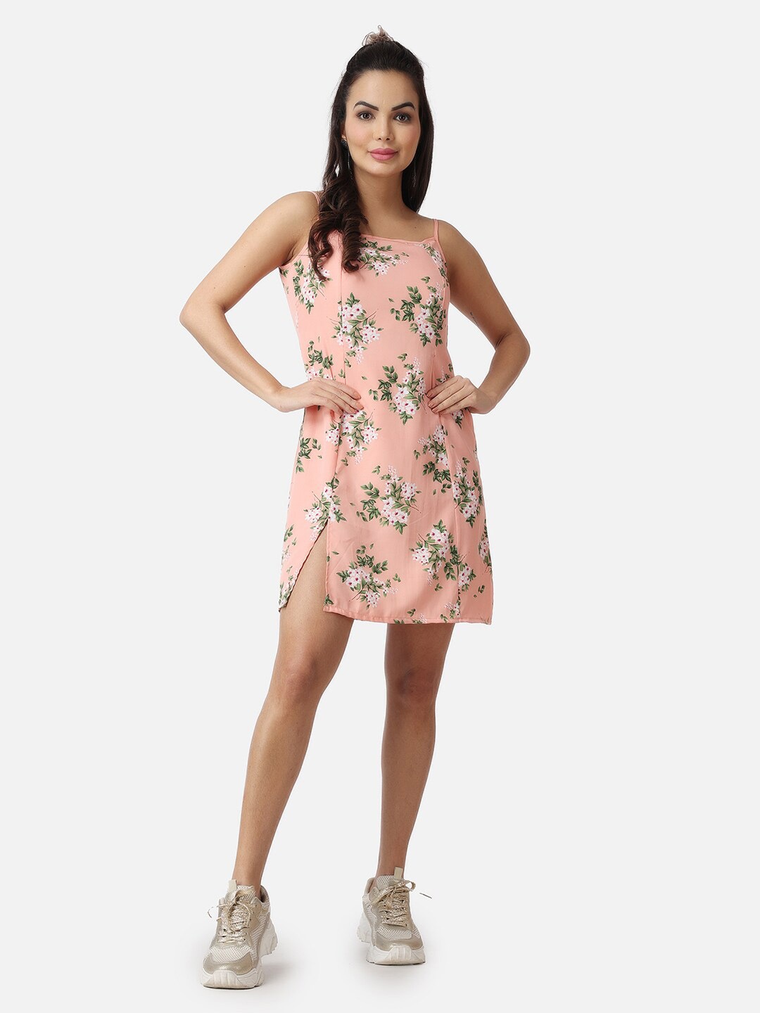 

Popwings Floral Printed Shoulder Straps A-Line Dress, Peach