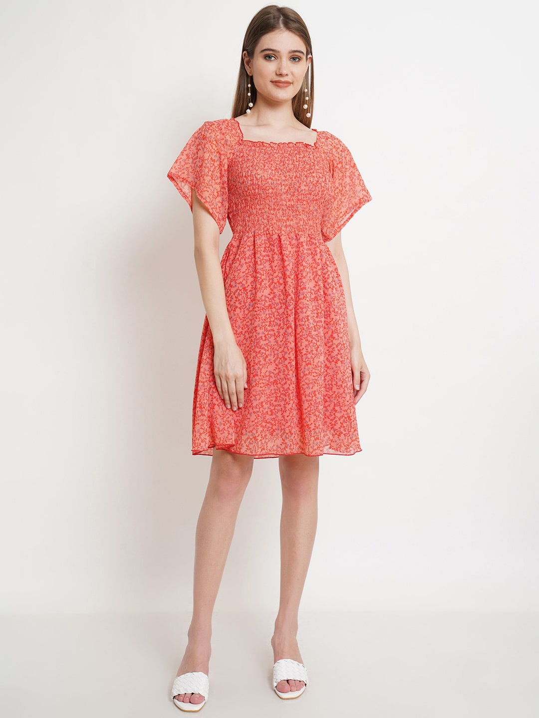 

Popwings Floral Printed Smocked Fit & Flare Dress, Orange