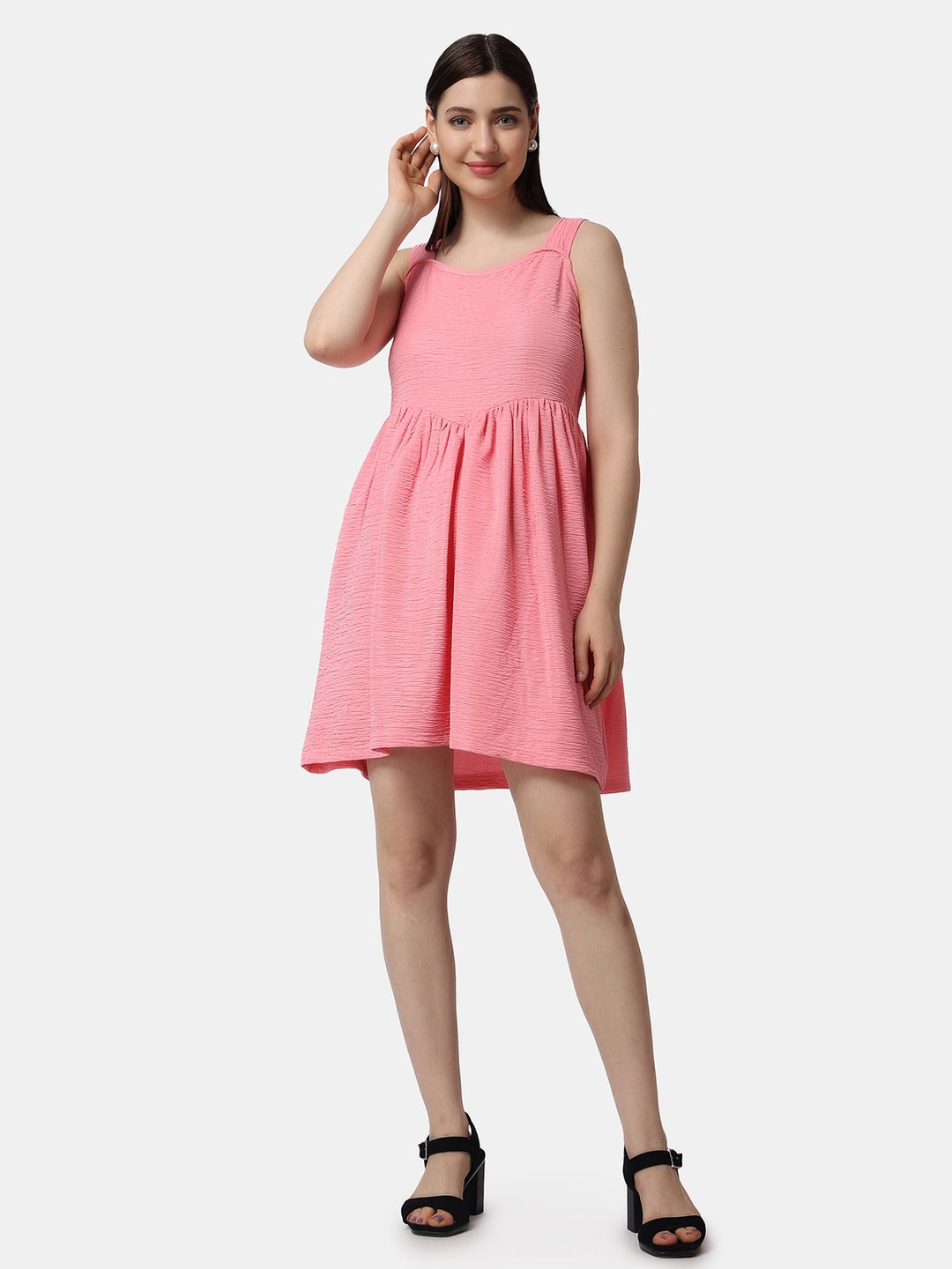 

Popwings Round Neck Gathered Detailed Fit & Flare Dress, Pink
