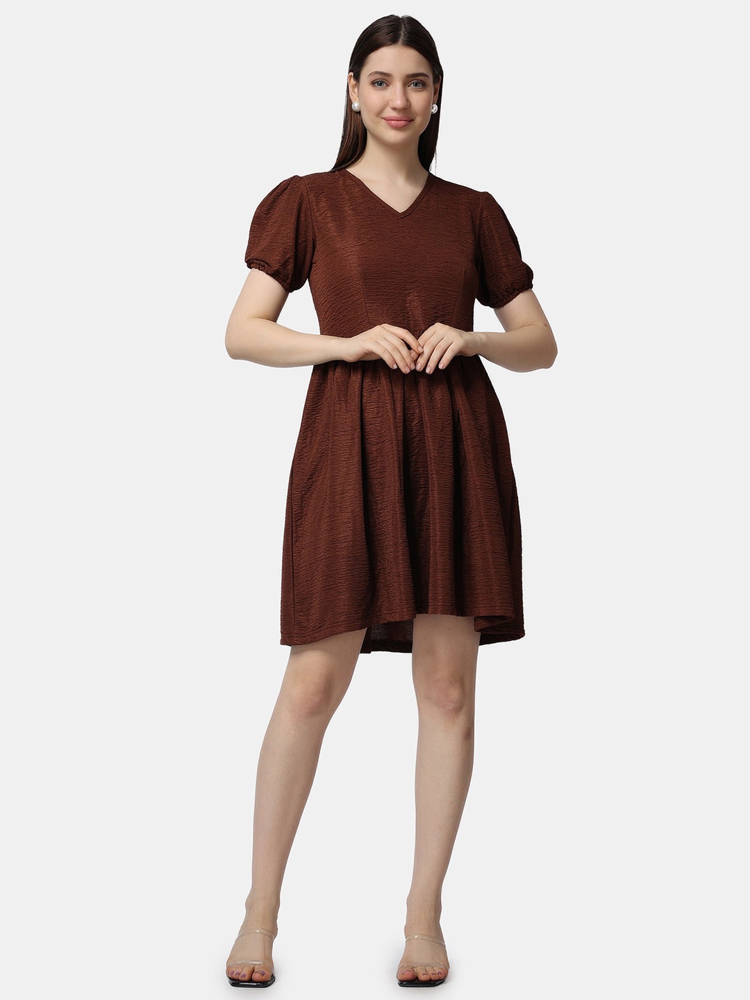 

Popwings Gathered Puff Sleeve Fit & Flare Dress, Brown