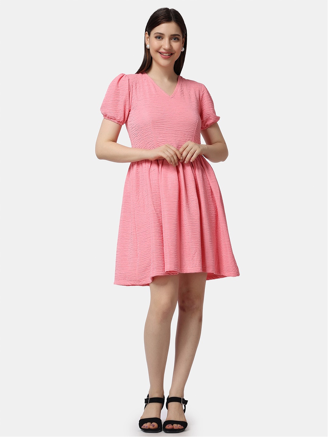 

Popwings V-Neck Puff Sleeves Fit & Flare Dress, Pink