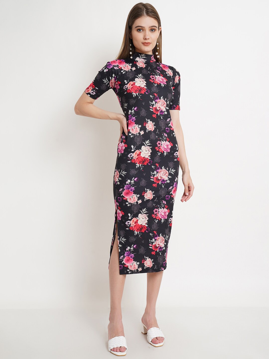 

Popwings Floral Printed Midi Sheath Dress, Black