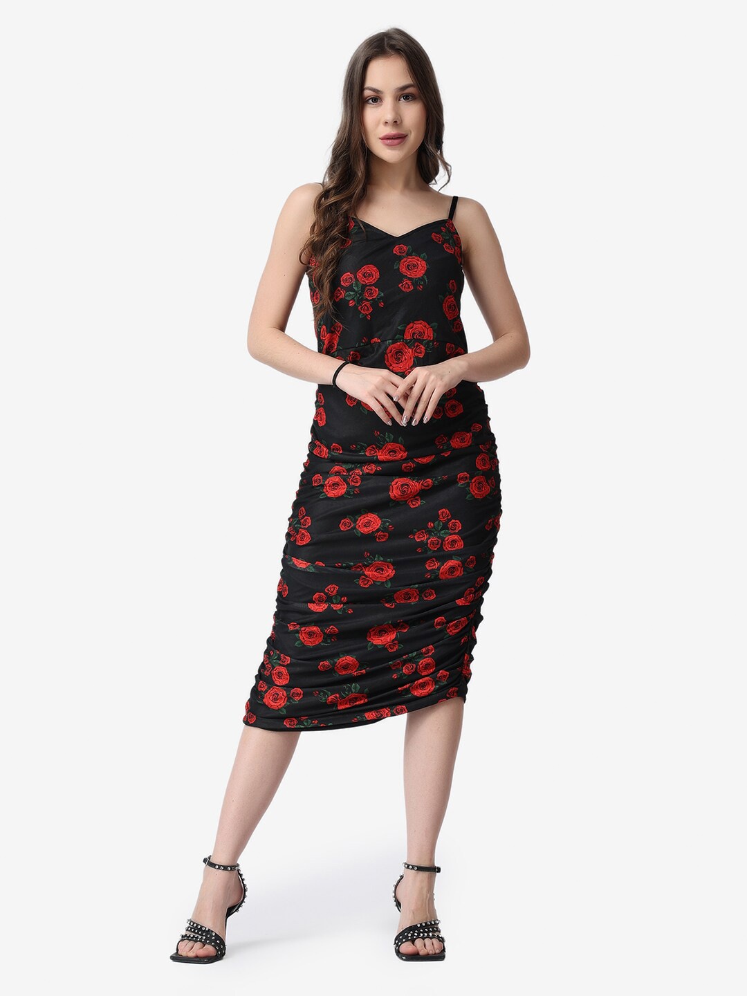 

Popwings Floral Printed Shoulder Straps Ruched Bodycon Midi Dress, Black