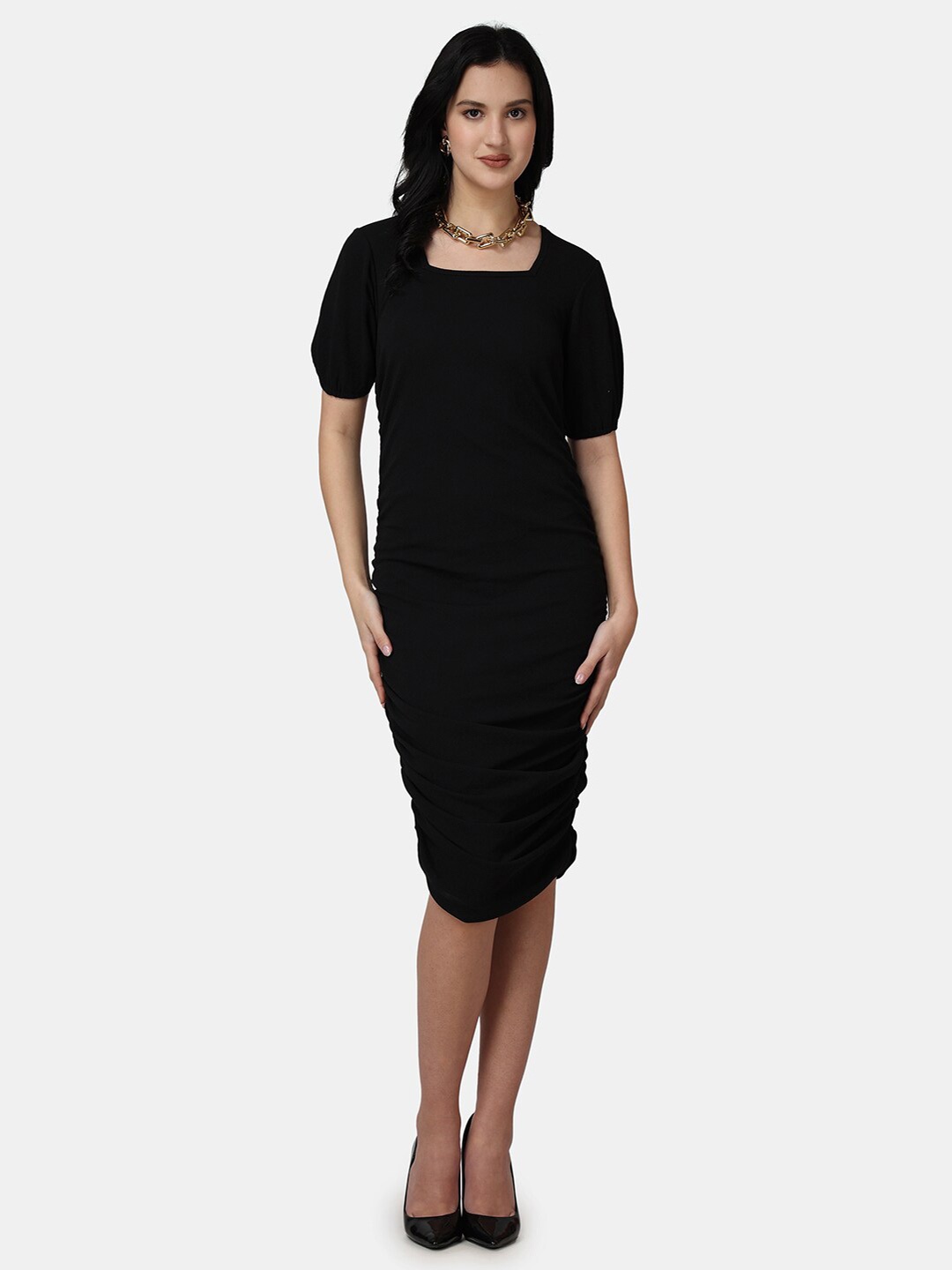 

Popwings Square Neck Puff Sleeves Ruched Bodycon Dress, Black