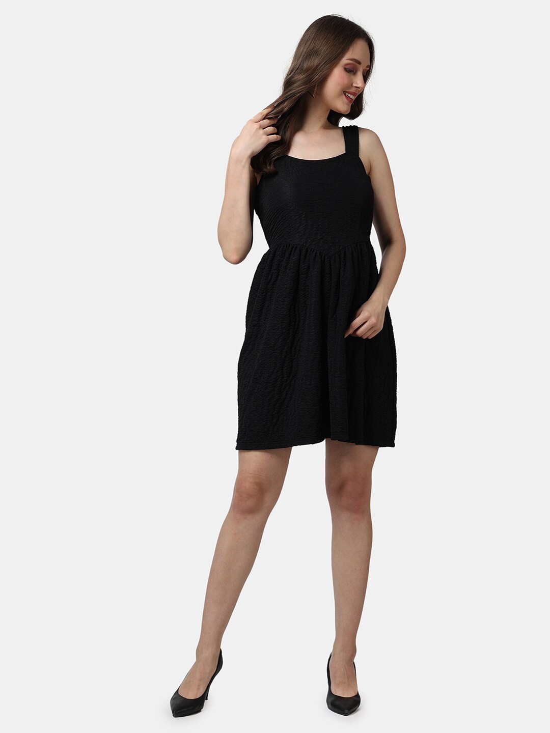 

Popwings Round Neck Gathered Detailed Fit & Flare Dress, Black