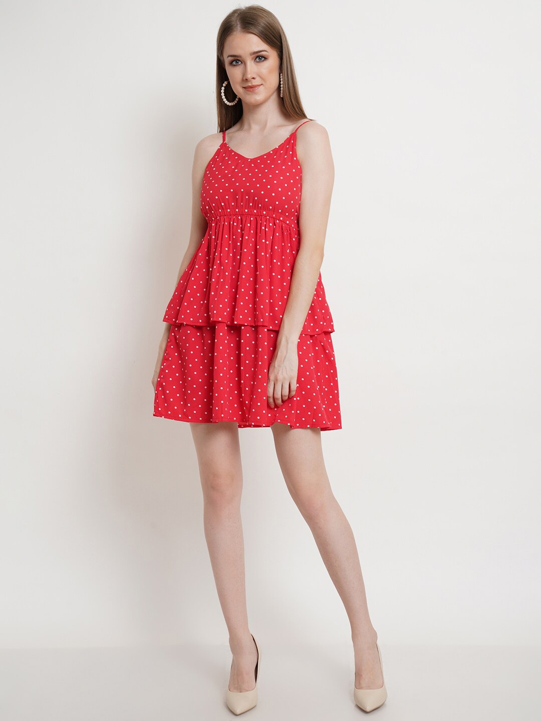 

Popwings Polka Dots Printed Shoulder Straps Empire Dress, Red