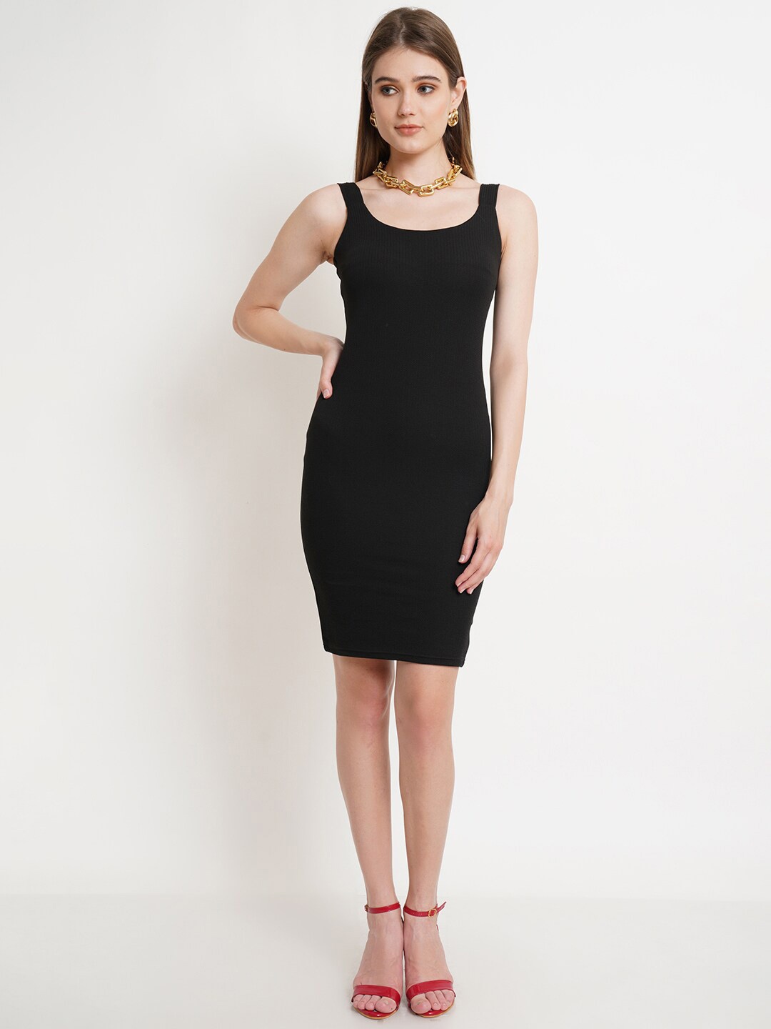 

Popwings Round Neck Sleeveless Bodycon Dress, Black