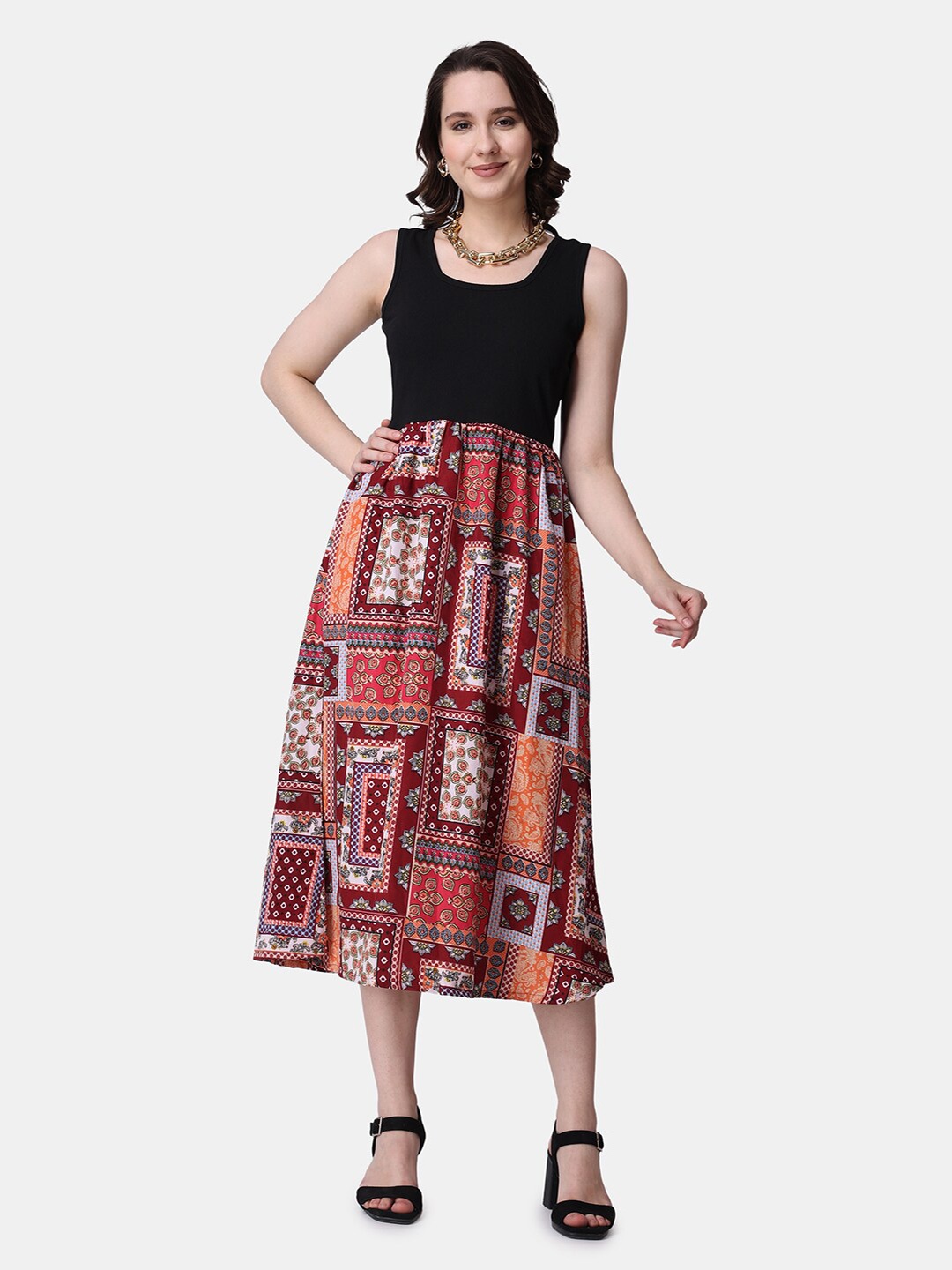 

Popwings Ethnic Motifs Printed Fit & Flare Midi Dress, Red