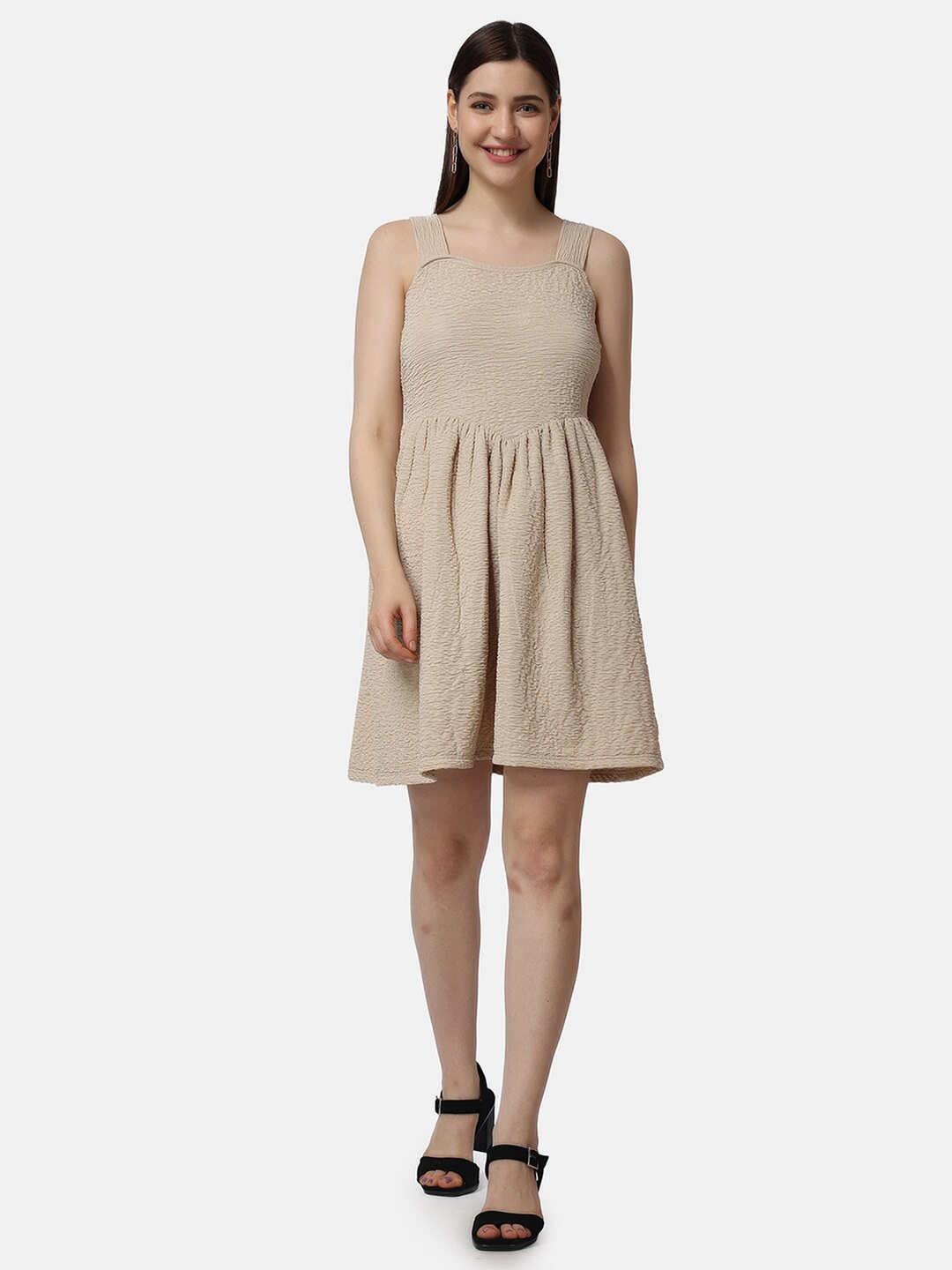 

Popwings Gathered Square Neck Casual Fit & Flare Dress, Beige