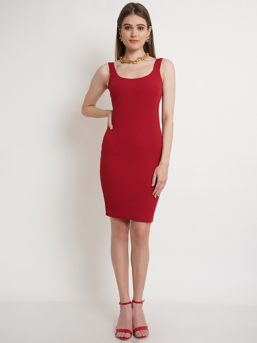 

Popwings Round Neck Sleeveless Bodycon Dress, Maroon