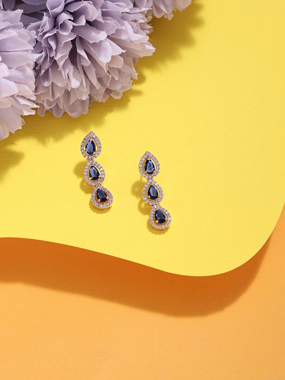 

Zaveri Pearls Rose Gold-Plated Stone Studded Drop Earrings, Blue