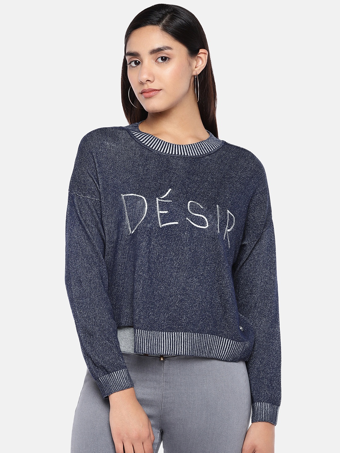 

ONLY Women Navy Blue Embroidered Pullover