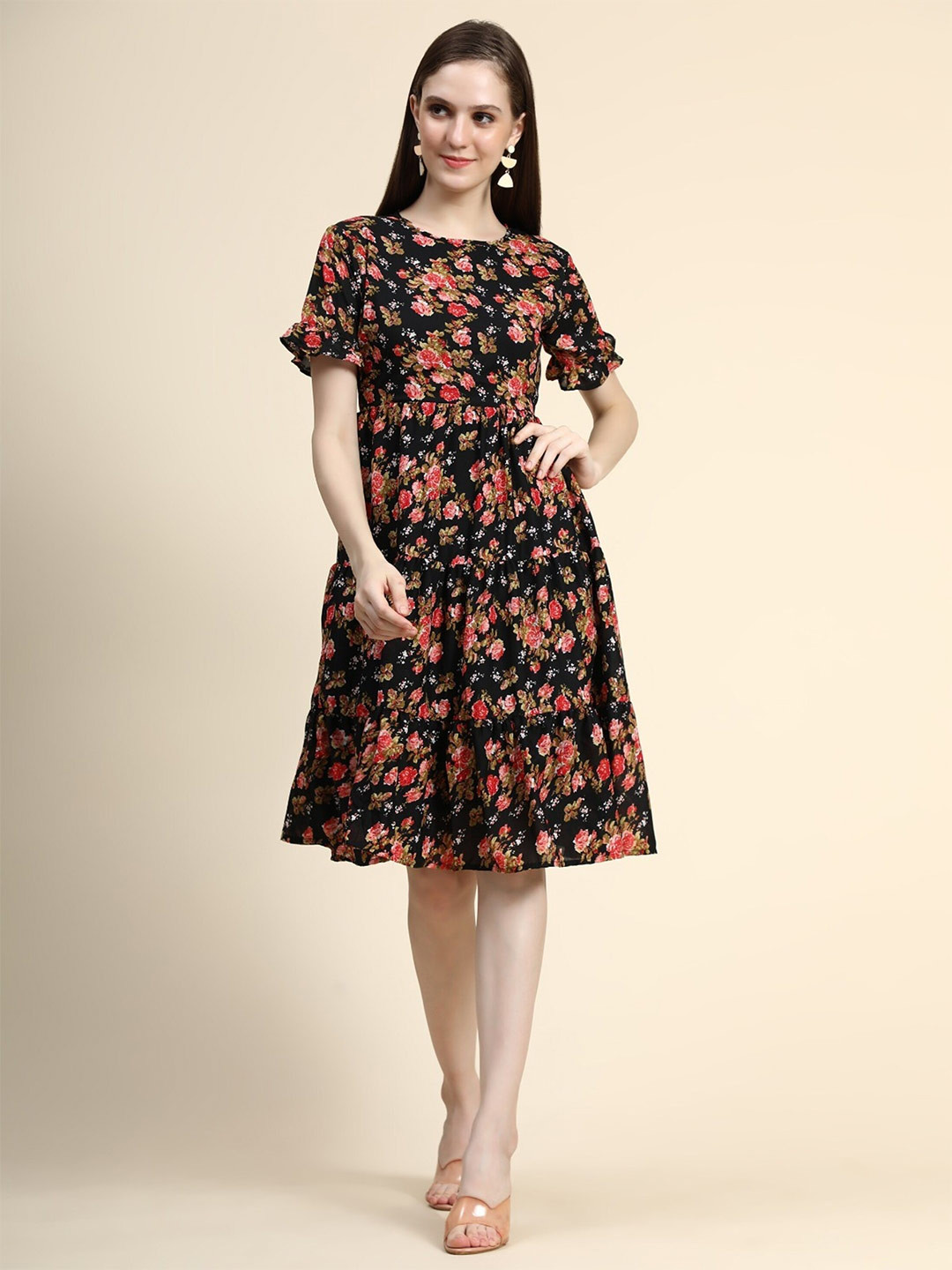 

UDBHAV TEXTILE Floral Printed Bell Sleeves Tiered Gathered Detail Fit & Flare Dress, Black