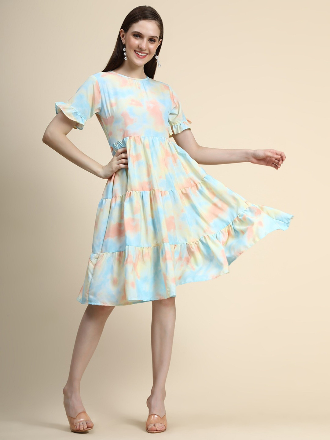 

UDBHAV TEXTILE Tie & Dye Printed Bell Sleeves Fit & Flare Dress, Blue