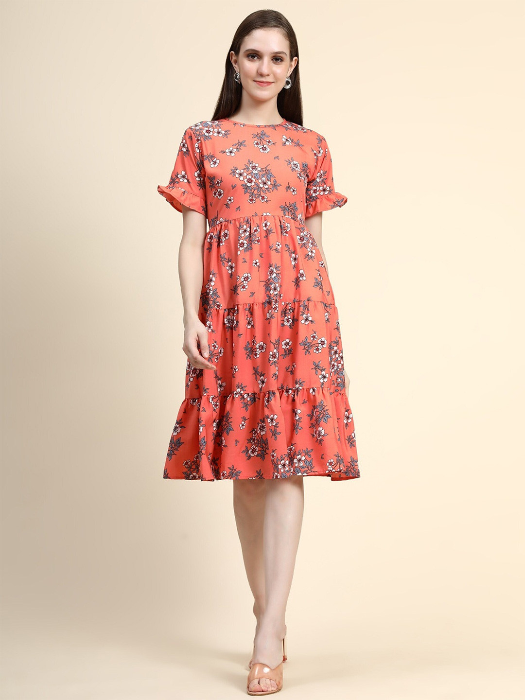 

UDBHAV TEXTILE Floral Printed Bell Sleeves Tiered Gathered Detail Fit & Flare Dress, Orange